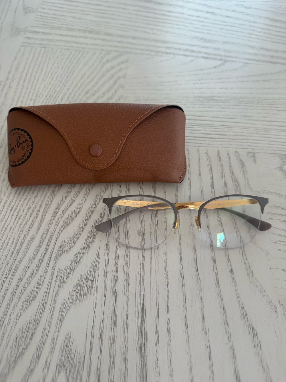 Ray-Ban Gray and Gold Semi-Rimless Eyeglasses with Brown Case